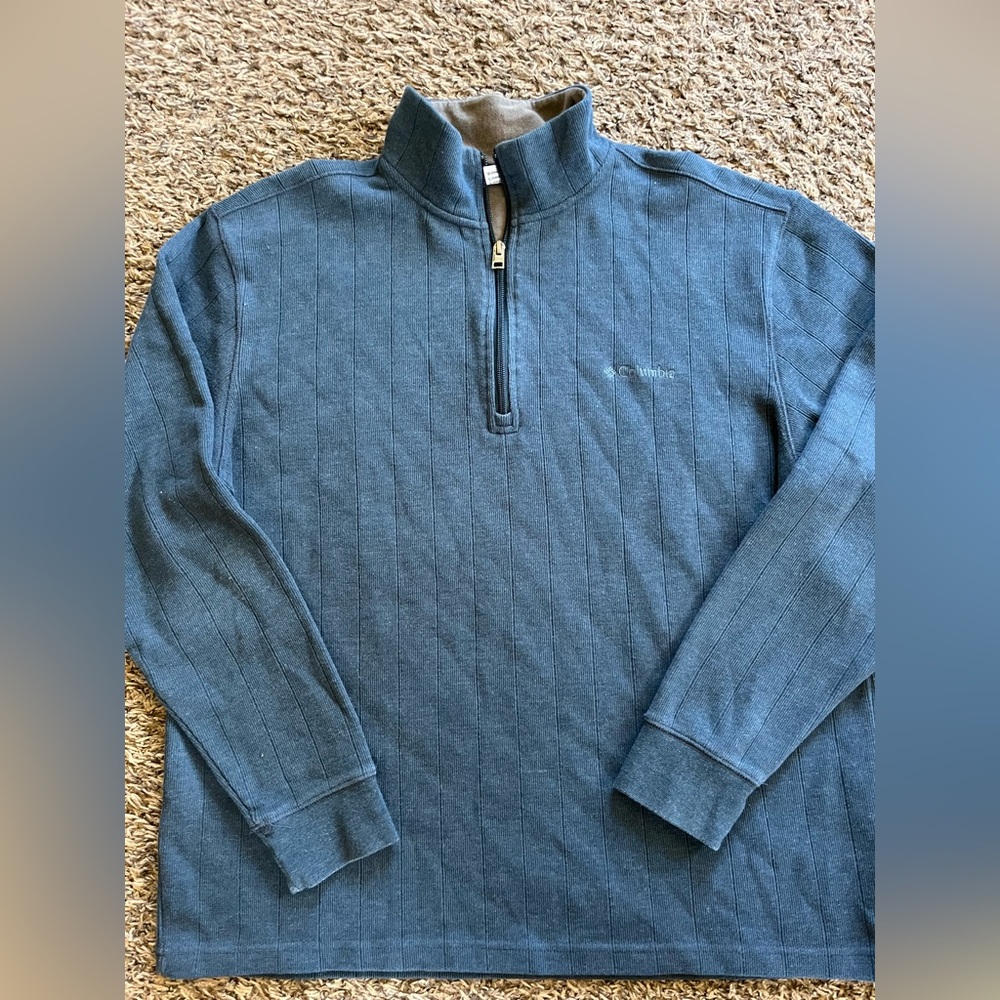 Columbia Men Navy Blue Ribbed Knit 1/4 Zip Pull Over Long Sleeves Sweater Sz L
